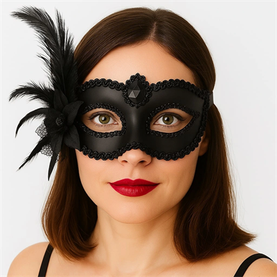 Siyah Mat Renk Yandan Tüylü Güllü Parti Balo Venedik Maskesi 16x22