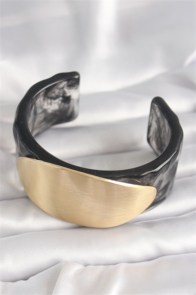 Siyah Mermer Desen Akrilik Plastik Gold Oval Plaka Model Vintage Kadın Bilezik