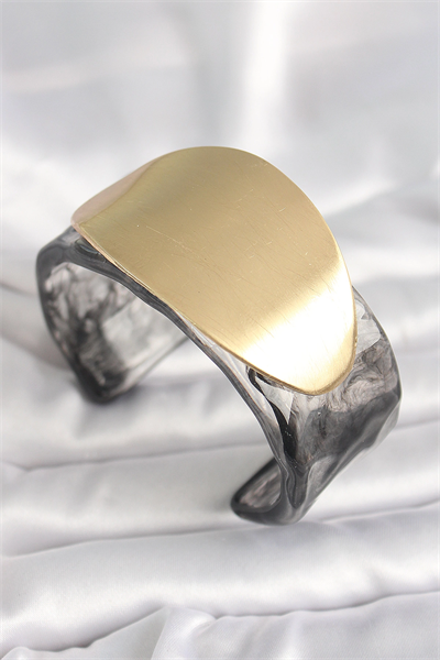 Siyah Mermer Desen Akrilik Plastik Gold Oval Plaka Model Vintage Kadın Bilezik