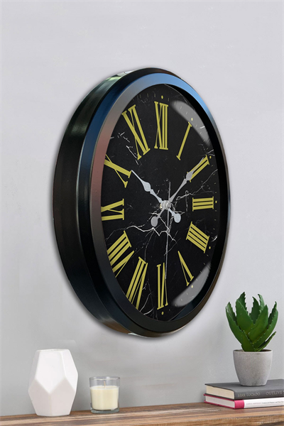 Siyah Mermer Desenli 52 Cm Metal Duvar Saati