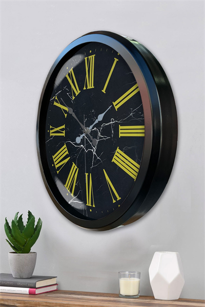 Siyah Mermer Desenli 52 Cm Metal Duvar Saati
