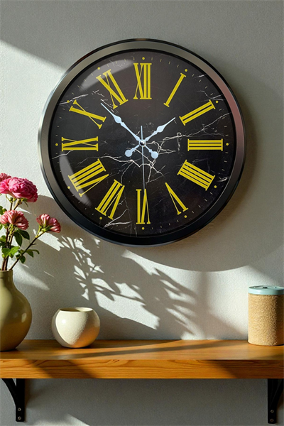 Siyah Mermer Desenli 52 Cm Metal Duvar Saati