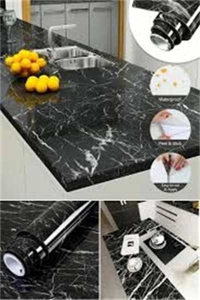 Siyah Mermer Desenli Yapışkanlı Tezgah Folyosu (3 Mt.x 60 Cm)