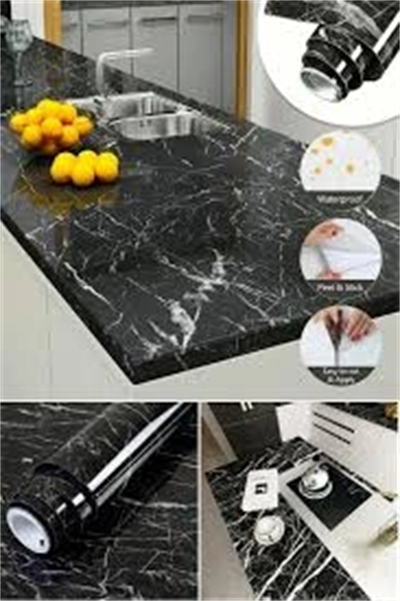 Siyah Mermer Desenli Yapışkanlı Tezgah Folyosu (3 Mt.x 60 Cm)