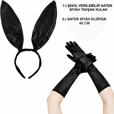 Siyah Parlak Tavşan Kulak Ve 40 Cm Parlak Siyah Eldiven Kostüm Seti
