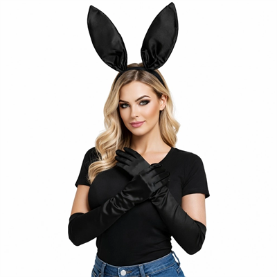 Siyah Parlak Tavşan Kulak Ve 40 Cm Parlak Siyah Eldiven Kostüm Seti