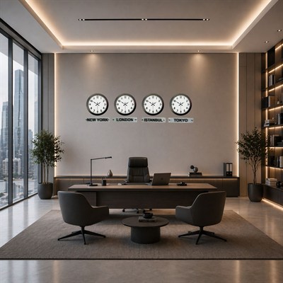 Siyah Prestij 36 Cm Metal Tabelalı Dünya Saatleri – 4’lü Siyah Set