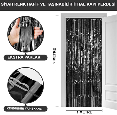 Siyah Renk Ekstra Metalize Parlak Saçaklı Arka Fon Perde İthal A Kalite 1x2 Metre Bx40