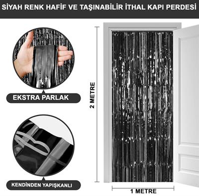 Siyah Renk Ekstra Metalize Parlak Saçaklı Arka Fon Perde İthal A Kalite 1x2 Metre (3936)