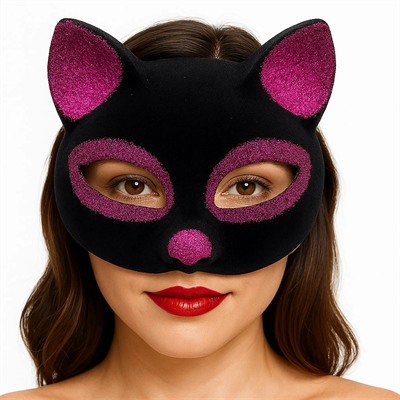 Siyah Renk Fuşya Simli Süet Kaplama Kedi Maskesi 18x14 Cm