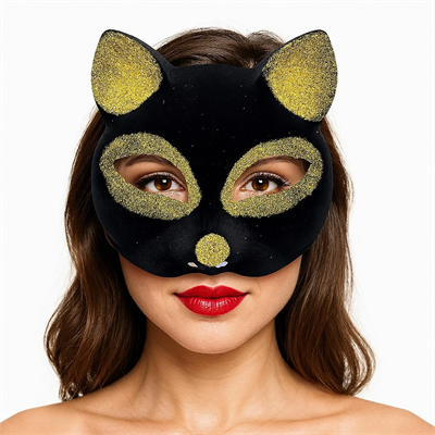 Siyah Renk Gold Simli Süet Kaplama Kedi Maskesi 18x14 Cm