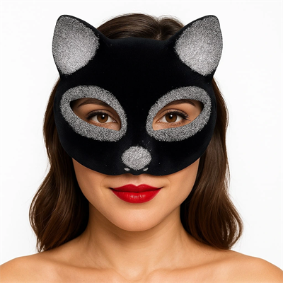 Siyah Renk Gümüş Simli Süet Kaplama Kedi Maskesi 18x14 Cm