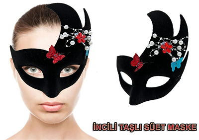 Siyah Renk İncili Taşlı Süet Kaplama Venedik Parti Maskesi 20x22 Cm Bx40