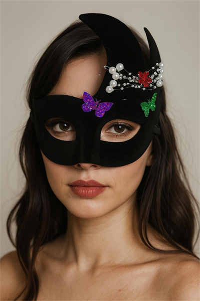 Siyah Renk İncili Taşlı Süet Kaplama Venedik Parti Maskesi 20x22 Cm