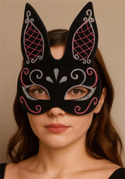 Siyah Renk Kırmızı Beyaz Simli Siyah Süet Kaplama Tavşan Maskesi 18x16 Cm