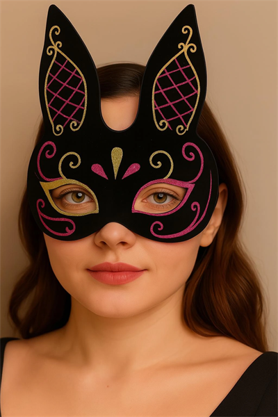 Siyah Renk Kırmızı Gold Simli Siyah Süet Kaplama Tavşan Maskesi 18x16 Cm