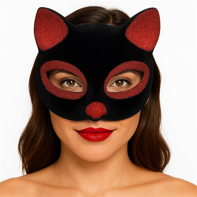Siyah Renk Kırmızı Simli Süet Kaplama Kedi Maskesi 18x14 Cm