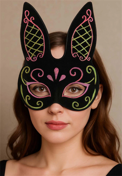 Siyah Renk Pembe Gold Simli Siyah Süet Kaplama Tavşan Maskesi 18x16 Cm