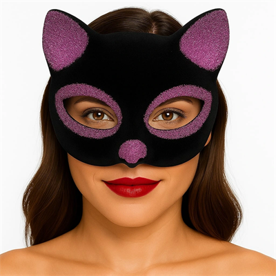 Siyah Renk Pembe Simli Süet Kaplama Kedi Maskesi 18x14 Cm