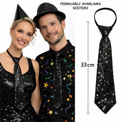 Siyah Renk Pul Payetli Işıltılı Parti Kravatı 33 Cm Bx40