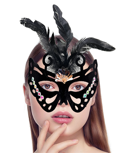 Siyah Renk Siyah Süet Kaplama Tüylü Kelebek Figür Parti Maskesi 24x18 Cm