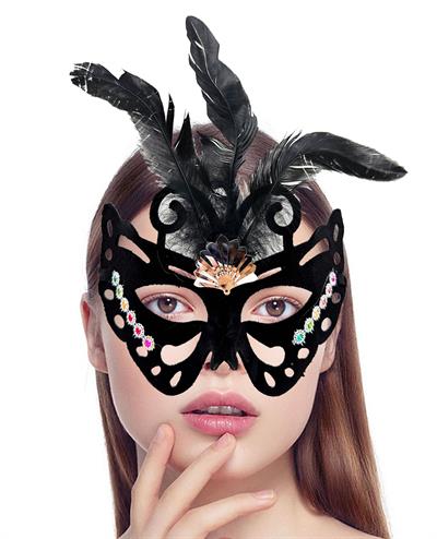 Siyah Renk Siyah Süet Kaplama Tüylü Kelebek Figür Parti Maskesi 24x18 cm (3936)