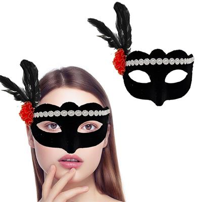 Siyah Renk Süet Kaplama Gümüş Dantelli Kırmızı Gül Tasarımlı Parti Maskesi 18x20 cm (3936)