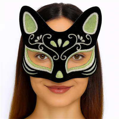 Siyah Renk Süet Kaplama Üzeri Gümüş Yeşil Simli Kedi Maskesi 17x14 Cm