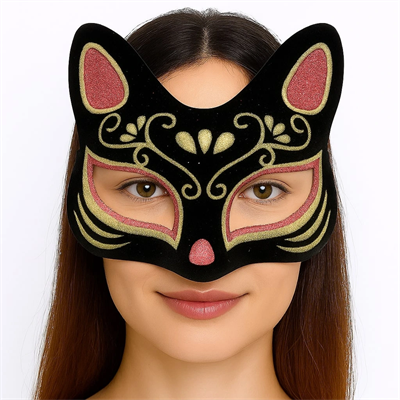 Siyah Renk Süet Kaplama Üzeri Kırmızı Sarı Simli Kedi Maskesi 17x14 Cm