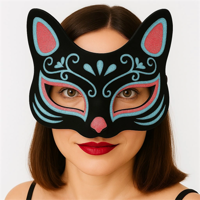 Siyah Renk Süet Kaplama Üzeri Mavi Kırmızı Simli Kedi Maskesi 17x14 Cm