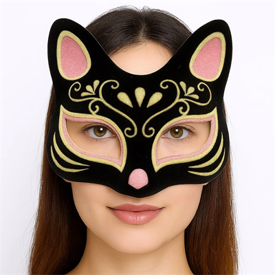 Siyah Renk Süet Kaplama Üzeri Pembe Sarı Simli Kedi Maskesi 17x14 Cm