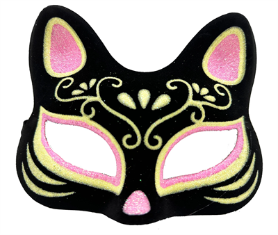 Siyah Renk Süet Kaplama Üzeri Pembe Sarı Simli Kedi Maskesi 17x14 Cm Bx40