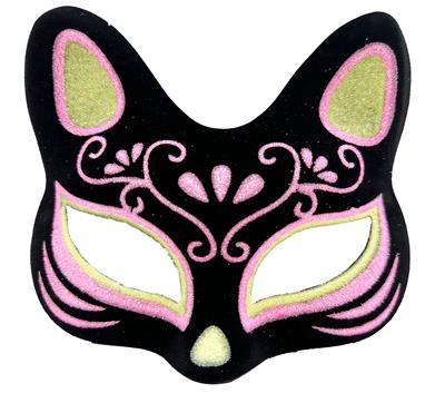 Siyah Renk Süet Kaplama Üzeri Sarı Pembe Simli Kedi Maskesi 17x14 cm (3936)
