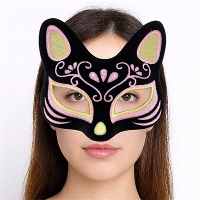 Siyah Renk Süet Kaplama Üzeri Sarı Pembe Simli Kedi Maskesi 17x14 Cm