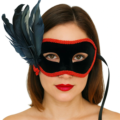 Siyah Renk Yandan Tüylü Siyah Süet Kaplama Parti Balo Maskesi 21x20 Cm