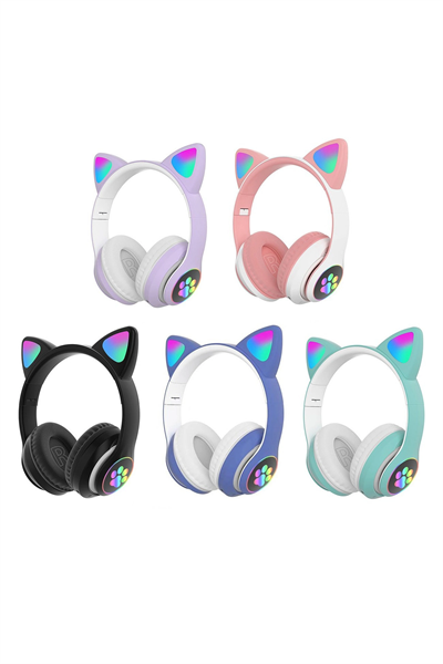 Siyah Renkli Kablosuz Bluetooth 5.0 Kulak Üstü Kulaklık, LED Işık Efekti ve Kedili Tasarım