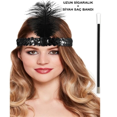 Siyah Retro Charliston Saç Bandı & Sigaralık