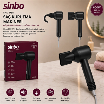 Siyah Saç Kurutma Makinesi 110.000 Rpm Sessiz Çalışma - 3 Hız - Sıcaklık Ayar Shd-1755 Bx40