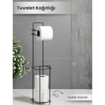 Siyah Standlı Yedek Hazneli Tuvalet Kağıtlığı