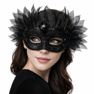 Siyah Taşlı Venedik Maskesi Lüks Tüllü Parti Maskesi