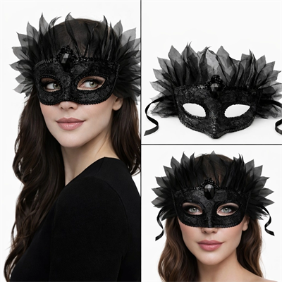 Siyah Taşlı Venedik Maskesi Lüks Tüllü Parti Maskesi
