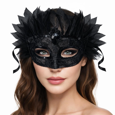 Siyah Taşlı Venedik Maskesi Lüks Tüllü Parti Maskesi
