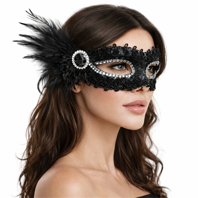 Siyah Taşlı Venedik Parti Maskesi – Tüylü Payetli