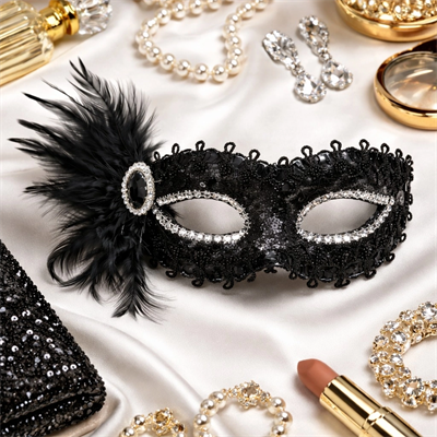 Siyah Taşlı Venedik Parti Maskesi – Tüylü Payetli