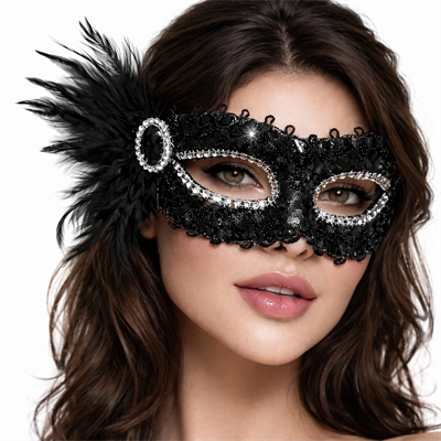 Siyah Taşlı Venedik Parti Maskesi – Tüylü Payetli