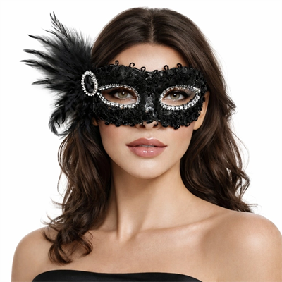 Siyah Taşlı Venedik Parti Maskesi – Tüylü Payetli