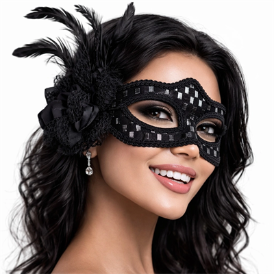 Siyah Tüylü Balo Maskesi Kadın Parti Aksesuarı