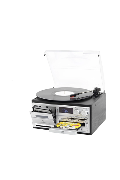 Siyah bluetooth kumandalı CD, kaset, USB, radyo ve 33-45-78 devir plak çalar pikap