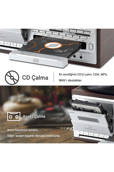 Siyah bluetooth kumandalı CD, kaset, USB, radyo ve 33-45-78 devir plak çalar pikap