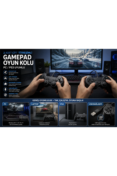 Siyah kablolu çift motorlu titreşimli joystick PC uyumlu USB bağlantılı 1 yıl garantili